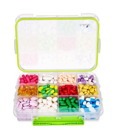 Fullicon Supplement Organizer with 12 Extra Large Compartment Daily Travel Moisture Proof Pill Case with Removable Dividers Large Pill Box for Vitamin with 3 Secured Buckles (Green) Green Extra Large