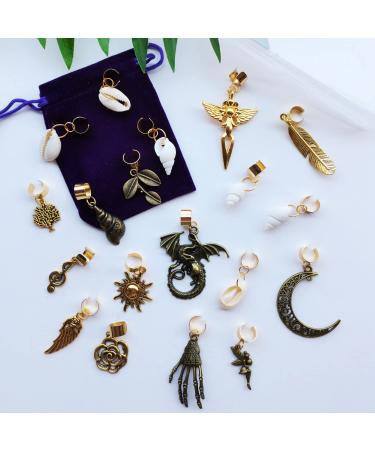 19 PCS Adjustable Hair Cuffs & Charms for Braids | Gold Hair Jewelry Set | Sun Moon Pterosaur Wing Shell Rose Leaf Hair Pendants | DIY Dreadlock Accessories - Buy Online on GoSupps.com