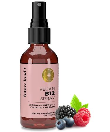 Future Kind Vegan B12 Liquid Spray (60ml) - Vitamin B12 Liquid for Energy & Cognitive Support - Vegan B12 for Kids & Adults w 500mcg Methylcobalamin - Wild Berry Flavor Liquid Vegan Vitamin B12 Spray