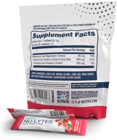 NuEthix Formulations NU-LYTES Electrolytes Hydration Packets Zero Calories Zero Sugar Zero Carbs Non-GMO Electrolytes Powder Packets Glycogen Replenishment 15 Servings (Watermelon) - Buy Online on GoSupps.com