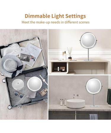 Height Adjustable 8 Inch Makeup Mirror with Lights and Magnification 1X/10X - Dimmable, Rechargeable, Double Sided, 360 Rotation - Touch Control Vanity Mirror for Women - Silvery - Buy Online on GoSupps.com