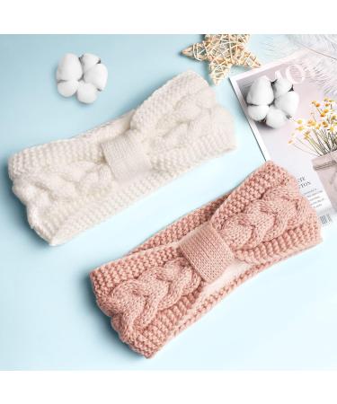 Telgoner Winter Headband for Women - 2 Pack Knitted Ear Warmers Elastic Hair Bands for Girls (White + Pink) - Buy Online on GoSupps.com