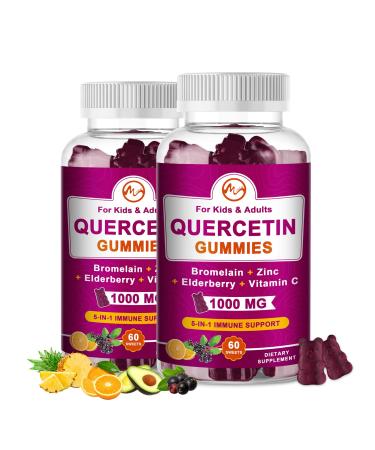 (2 Pack) Quercetin Gummies with Bromelain, Elderberry, Zinc and Vitamin C - Chewable Quercetin 1000mg Supplement for Immunity, Cardiovascular, Allergy, Aging Support - Vegan Gummies for Adult & Kid