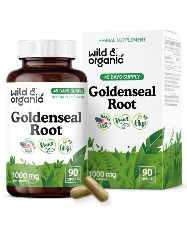Wild & Organic Goldenseal Root Capsules 1000mg - Immune & Lung Support - 90 Goldenseal Root Powder Capsules - 45 Days Supply - Vegan No Fillers Non-GMO 90 Count (Pack of 1)