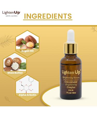LightenUp Skin Brightening Serum - 30ml / 1 Fl oz - Effective for Freckles Sunspots Age spots - with Argan Oil Shea Butter and Alpha Arbutin - Buy Online on GoSupps.com