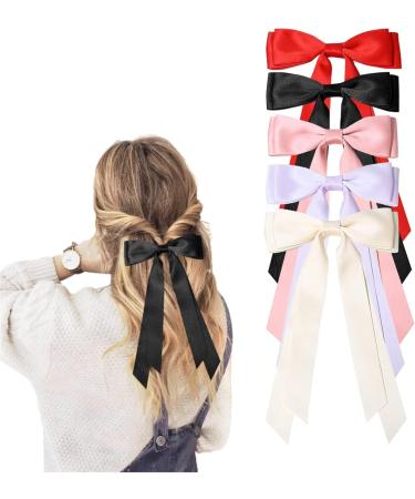 5PC Silky Satin Hair Bows Hair Clip Ribbon Ponytail Holder Accessories Black Bow Hair Clip Hair Bows for Women(Black/Red/Purple/Pink/White) - Buy Online on GoSupps.com