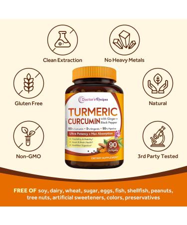 Doctor's Recipes Turmeric Softgel 750mg Curcuminoids (95%) with Ginger Extract (5% gingerols) for Antioxidant Function Mobility & Flexibility Black Pepper for Optimal Absorption 90 Softgels - Buy Online on GoSupps.com