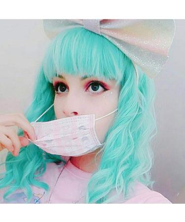 FAELBATY Wavy Wig Short Bob Wigs With Air Bangs Women's Short Wig Curly Wavy Synthetic Cosplay Wig Green Wig for Girl Halloween Costume Wigs Mint Green
