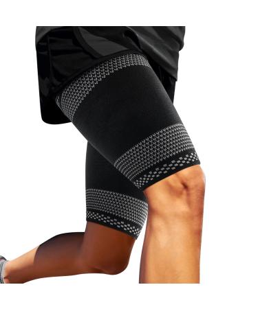 ABYON Thigh Compression Sleeves (Pair), Hamstring Compression Sleeve for Quad & Groin Pain Relief & Recovery, Thigh Brace Support Anti Slip Upper Leg Sleeves for Men and Women,Great for Running Black-Gray Small