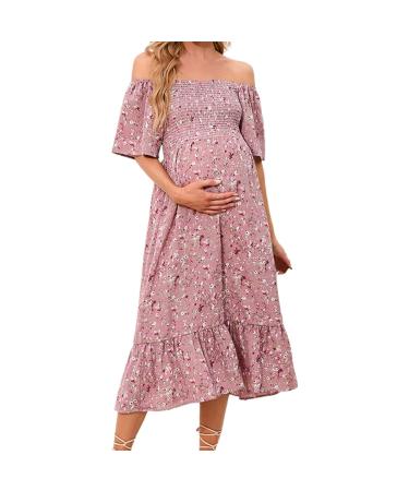 Robe de maternit pour femmes enceintes - Motif floral - Col carr - Robe boh me en mousseline de soie - Robe de grossesse avec ourlet volants - Robe midi d' t l gante - Mode de maternit S Rouge