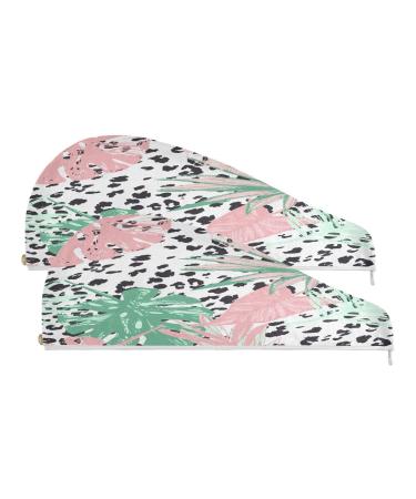 Tropical Leaves Dry Hair Cap 2 Piece Quick Drying Towel Set with Button Headband Super Absorbent Soft & Comfortable