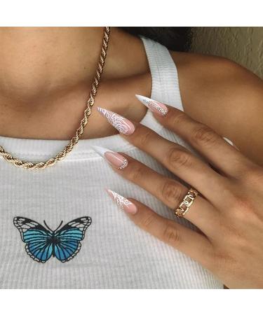QINGGE Stiletto Press on Nails - French White Flower Design with Rhinestones - Medium Size False Nails for Women - Buy Online on GoSupps.com