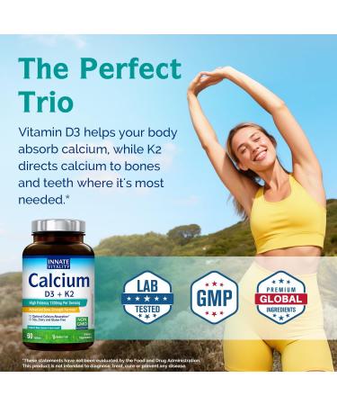 Innate Vitality Calcium Supplement, 1200 mg High Potency with 5000 IU Vitamin D3 & K2 MK7, Enhanced Absorption, for Bone Density, Strength & Immunity, Non-GMO, Easy to Swallow, 60 Tablets - Buy Online on GoSupps.com