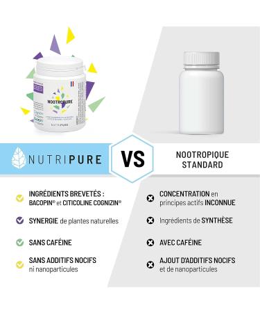 Nutripure | Nootropic | Cognitive Performance Dietary Supplement | Memory Concentration Anti-Stress | Rhodiola Bacopa Tyrosine | 90 Capsules | 1 Month Cure | Made in France - Buy Online on GoSupps.com
