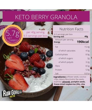 Raw Gorilla Keto Berry Granola Breakfast 6Pack 6 x 250g Vegan Organic No added sugar Gluten Free Low carb Weight Loss Ideal for diabetics - Buy Online on GoSupps.com