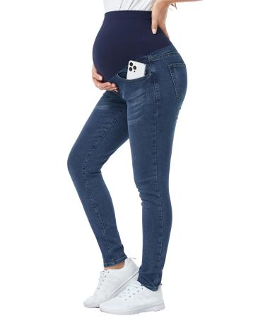 PACBREEZE Women's Maternity Jeans Over The Belly Slim Stretchy High Waist Denim Skinny Pants with Pockets 01: Dark Blue L