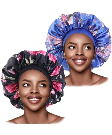 COSPACK SATING SLAPORT for women 2 karat extra large double-aged for curly braids dreadlocks long hair make-up skin care salon (black / blue flowers))