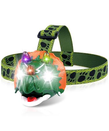 Triceratops LED Headlamp - Dinosaur Headlamp for Kids Camping Essentials | Dinosaur Toy Head Lamp Flashlight for Boys Girls or Adults | Ideal Gift for Birthday, Halloween, Christmas, New Year Green