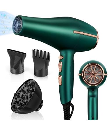 2000 Watt Negative Ionic Hair Dryer, ARDIRO Professional Salon Blow Dryer, Low Noise Fast Drying & Powerful AC Motor and Diffuser Comb for Men Women, Cool Hot Button,3 Heat & 2 Speed Settings- Green