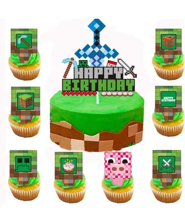 25PCS Video Game Cake Topper Mining Theme Happy Birthday Cake Decorations 1pcs Pixel Cake Toppers 24pcs Cupcake Toppers Kids Birthday Party Supplies