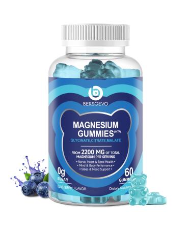 Magnesium Glycinate Gummies 2200mg High Absorption Magnesium Glycinate Citrate Malate Gummies for Adults and Kids Sugar Free Vegan for Sleep Support Blueberry 60 Count