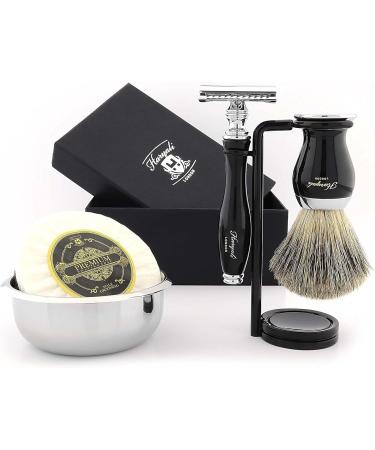Haryali London 5-part shaving set double-sided razor planer black roof hair brush soap bowl stand set as a gift 1 g