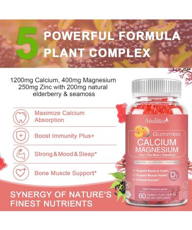 Plan Calcium Gummies with D3,Zinc - Plant Complex Calcium Magnesium Supplement with Glycinate,Potassium,Vitamin C &Whole Natural Food for Bone & Immune Support- 120 Chewable Gummy Sugar-Free Peach 2 Pack - Buy Online on GoSupps.com