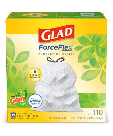 Glad ForceFlex Protection Series Tall Trash Bags, 13 Gal, Gain Original with Febreze, 110 Ct (Package May Vary)