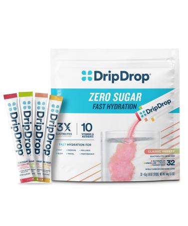 DripDrop Sugar Free Hydration Packets - Zero Classic Variety Pack - Single Serve Electrolytes Powder Drink Mix - Lemon Lime Watermelon Peach Passion Fruit - Non-GMO Gluten Free Vegan - 32 Sticks Classic Variety Pack 32