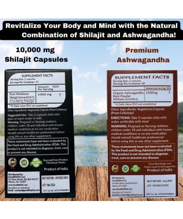 Himalayan Shilajit Capsule & Ashwagandha Capsules Pack of 2. 90+90 ct Gold Standard Premium Quality for Max Benefits. All Natural Non GMO No Rice Powder No Filler No Silicon Dioxide No Stearate - Buy Online on GoSupps.com