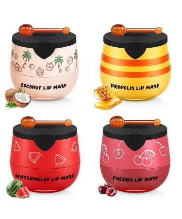TEIHWAL 4PCS Bee Lip Balm Honey Pot Cherry Watermelon Coconut Honey Lip Balm Moisturizing Sleeping Lip Mask Overnight Prevention Dry and Cracked Lips