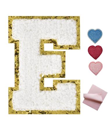 Iron on Patches for Clothing Letter Stickers Glitter Iron on Letters Iron on Letter White Letter Patches for Jackets Iron on Letter (6Pieces/3.14inch Height E) White with golden edge E