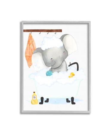 Stupell Industries Children's Baby Elephant Bubble Bath Rubber Duck Bathroom Grey Framed Wall Art  White