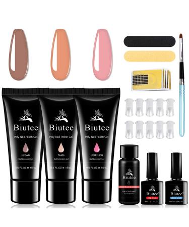 Biutee Poly Nail Gel Set, 3 Colors Nail Extension Gel Nude Brown Dark Pink Builder Gel Nail Enhancement Gel Kit for Starters and Professional Salon DIY at Home
