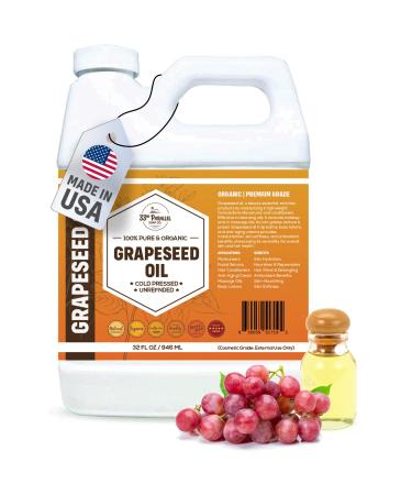 Organic GRAPESEED Oil (32 oz) Cold Pressed Unrefined | 100% Pure Natural, Non-GMO | Available in Bulk | Skin, Hair, Face, Carrier for Essential Oils, Soap Making | 32 FL OZ
