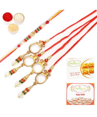 Ghasitaram Gifts Rakhis Online - Rakhi for Brother- Crystal Bhaiya Bhabhi Rakhi with 200 GMS of Besan Barfi and 200 GMS of Kaju Katli Rakhi Set with 200 gms of Besan Barfi & Kaju Katli