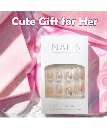 Cute False Nails French White Kitty Stick on Nails 24pcs Short Square Press On Nails with Glue Kitty Design Sweet Fake Nails for Kids Women Girls Maggidea Press On Nail (French Kitty) - Buy Online on GoSupps.com