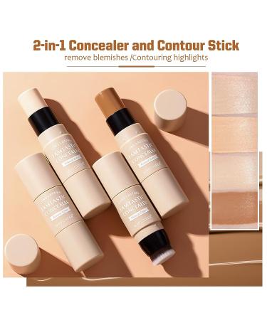 ONLYOILY 2 Pcs Contour & Highlighter Stick Set with Brush - Longwear Foundation Stick for Smooth Face Makeup - Buy Online on GoSupps.com
