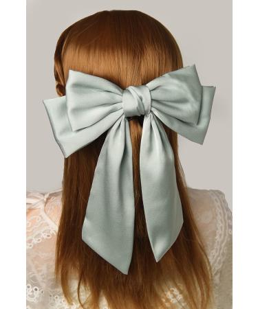 Mint Green Satin Bow Hair Clip for Women and Girls - Retro Style Metal Barrette with Long Tail - Large Furling Pompom Hair Accessory - Buy Online on GoSupps.com