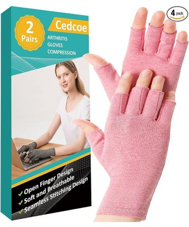 2 Pairs Arthritis Compression Gloves for Relieve Rheumatoid Arthritis, Osteoarthritis, Carpal Tunnel, Joint Pain, Open Fingerless Gloves, Fit for Women and Men to Daily Work (Pink, Medium)
