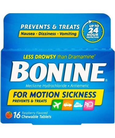 Bonine Raspberry Chewable Tablets for Motion Sickness 16 (2 Pack) 16 Count (Pack of 2)