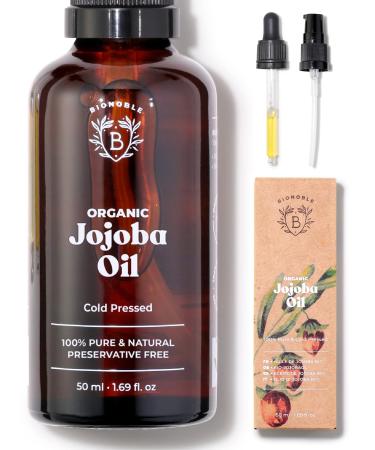 Bionoble Organic Jojoba Oil 50ml - 100% Pure Natural and Cold Pressed - Face Body Hair Beard Nails - Vegan and Cruelty Free - Glass Bottle + Pipette + Pump 50 ml (Pack of 1)