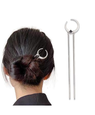 NICENEEDED Vintage Moon Hair Stick Hairpin Double Prong Gemstone Silver Metal Hair Chopsticks for Long Hair Decoration Chignon Hair Jewelry Hair Pin for Women and Girls