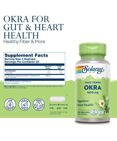 Solaray Okra Fruit 1600mg - Promotes Healthy Digestion, Regularity & Cardiovascular Support - High Soluble Fiber - 100 VegCaps - Buy Online on GoSupps.com