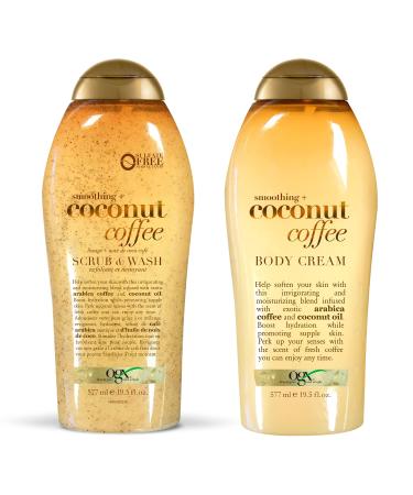 OGX Smoothing + Coconut Coffee Exfoliating Body Scrub with Arabica Coffee & Coconut Oil, with OGX Coconut Body Cream, 19.5oz