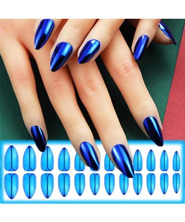24Pcs Blue Chrome Press-On Nails | Glossy Sparkly Gel Glue-On Nails | Medium Almond Acrylic Manicure Art for Coquette Women - Buy Online on GoSupps.com