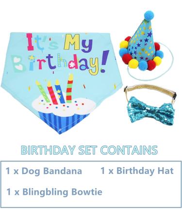 ADOGGYGO Large Blue Dog Birthday Bandana Scarf & Party Hat Set for Dogs | Cute Bow Tie Included - Buy Online on GoSupps.com