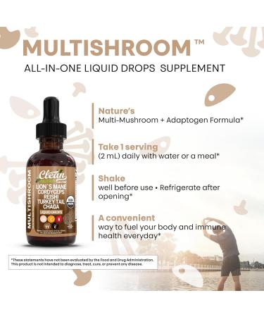 Organic Lions Mane Mushroom Supplement Liquid Drops + Turkey Tail Cordyceps Reishi Chaga Shitake Maitake Tremella Oyster Mushrooms Poria and Enokitake Complex Blend by Clean Nutra 1 - Buy Online on GoSupps.com
