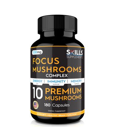 Skills Mushroom Supplement - Lions Mane Cordyceps Reishi Shiitake and More - 180 Capsules  Nootropic Brain Supplement Complex Formula for Immunity Stress Relief Memory & Liver Support