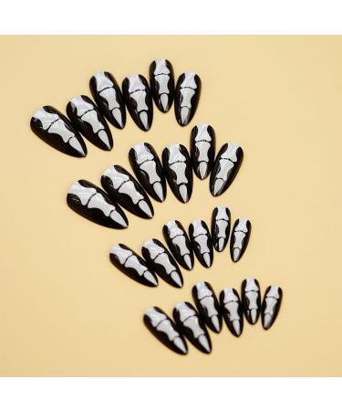 24Pcs Black White Oval False Nails - Medium Long Halloween Bone Print Design - Glue-On Acrylic Stick On Nails for Women & Girls - Buy Online on GoSupps.com